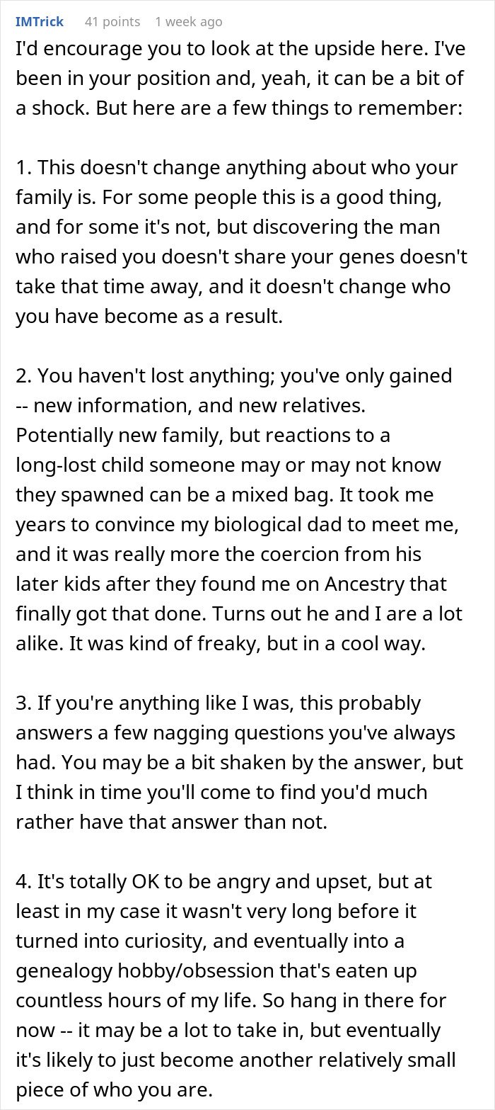 Man reads advice on coping after discovering a secret family through an unexpected ancestry test result.