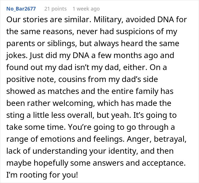 Comment about a man discovering secret family after doing an ancestry DNA test, sharing emotions and acceptance.