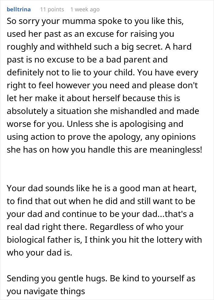 Commenter offers support after man discovers secret family through ancestry test pressured by wife, emphasizing forgiveness and kindness.