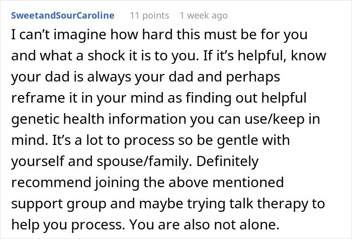 Commenter offering support about a man discovering a secret family after taking an ancestry test prompted by his wife.