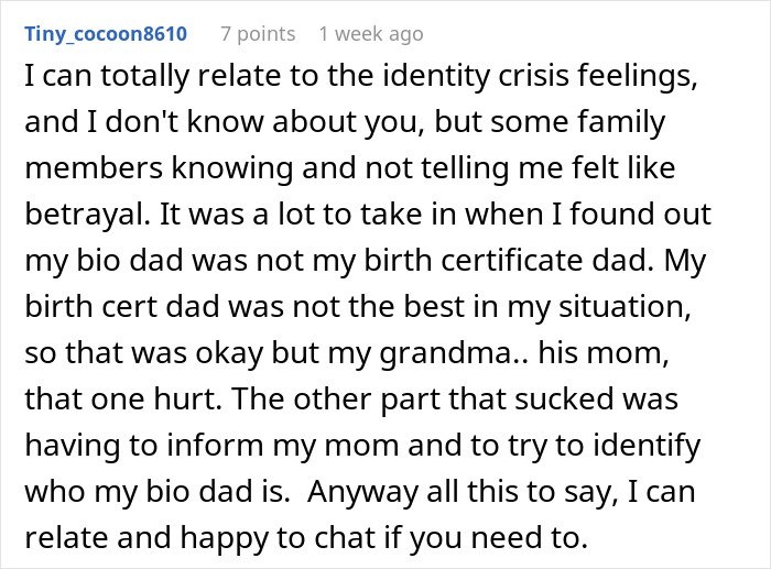 Comment about identity crisis and betrayal after discovering a secret family through an ancestry test reveal.