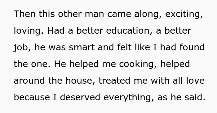 Text excerpt about a woman reflecting on her affair partner who seemed loving and supportive before leaving her.