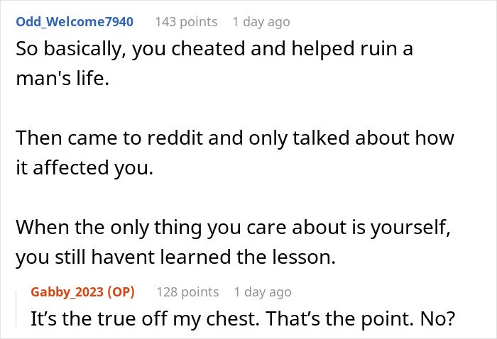 Reddit conversation about a woman admitting defeat by karma after her affair partner leaves following cheating on her husband.