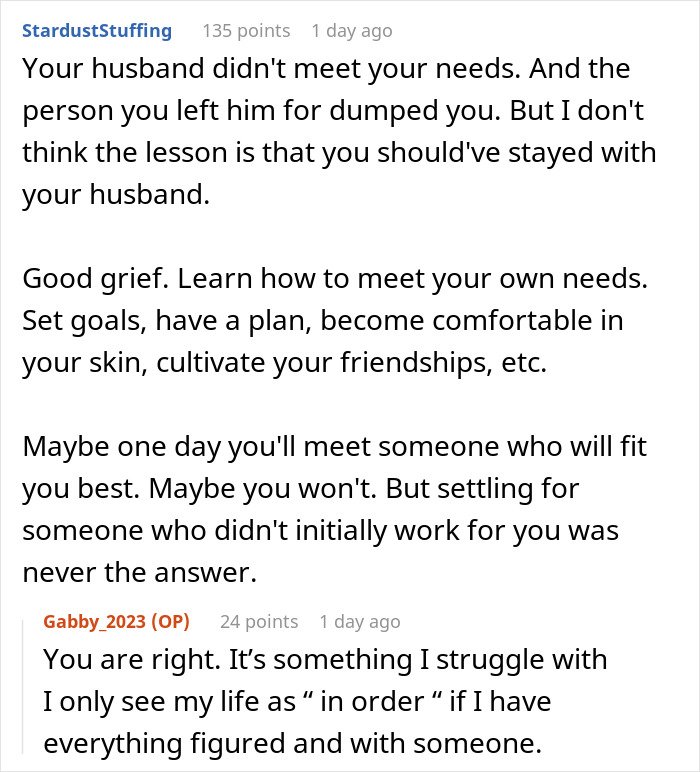 Screenshot of an online discussion about a woman admitting defeat by karma after her affair partner leaves her.