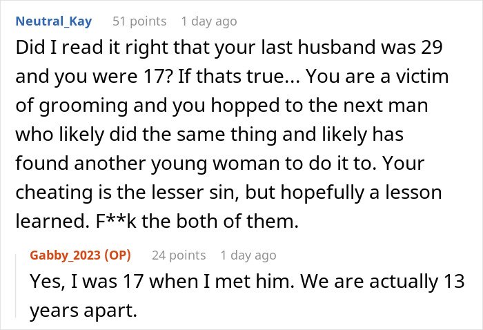 Conversation screenshot showing a discussion about a woman admitting defeat by karma after her affair partner leaves her.