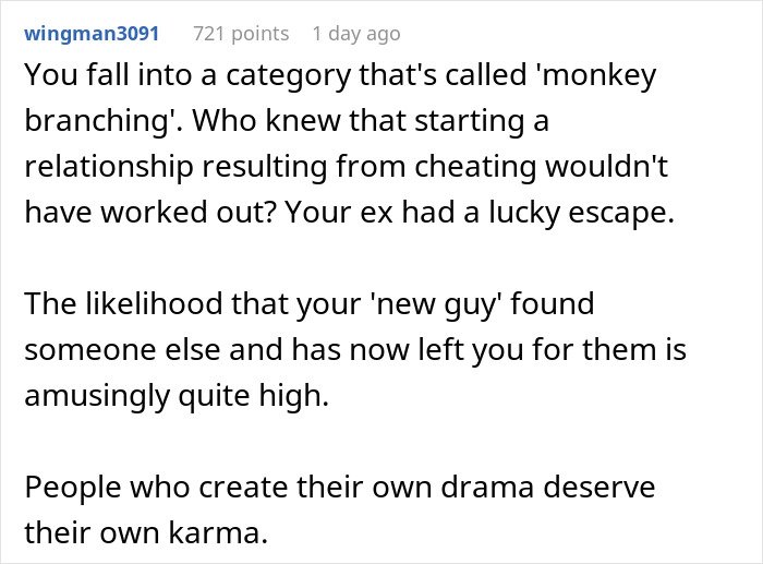 Comment discussing karma and consequences after a woman’s affair partner leaves her following infidelity.