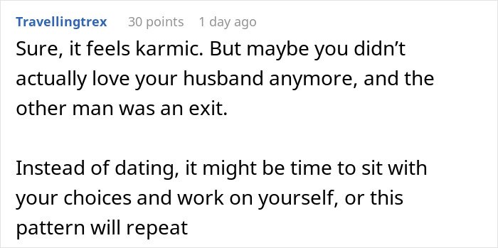 Comment discussing karma and relationship choices after a woman’s affair partner leaves her following infidelity.