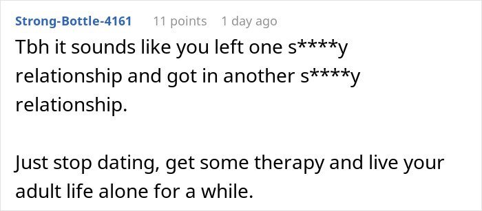 Comment text about a woman admitting defeat by karma after her affair partner leaves her following infidelity.