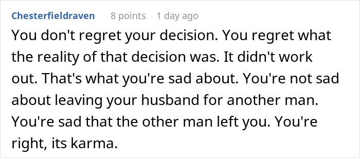 Screenshot of a social media comment discussing a woman admitting defeat by karma after her affair partner leaves her.