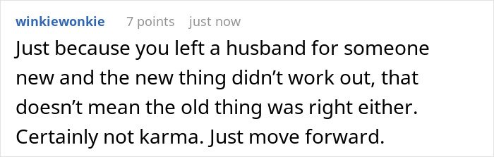 Text post showing a comment about a woman admitting defeat by karma after her affair partner leaves her.