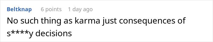 Comment expressing skepticism about karma, stating it is simply consequences of poor decisions.