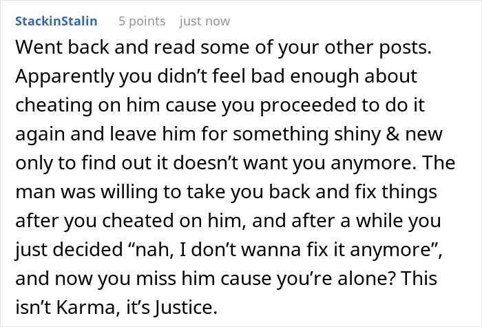 Text post showing a woman admitting defeat by karma after her affair partner leaves her for cheating on her husband.