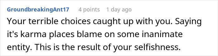 Woman admits defeat by karma after affair partner leaves her following cheating on husband.