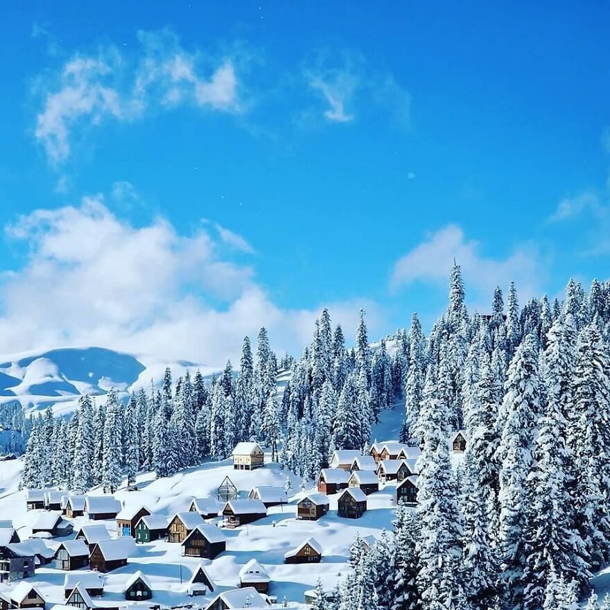Snow-covered village and pine trees under clear blue sky illustrating nations setting new global standard for paid leave.
