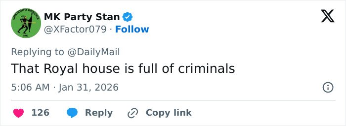 Tweet screenshot showing a user commenting on Prince Andrew and Epstein emails controversy with criticism of the Royal house.