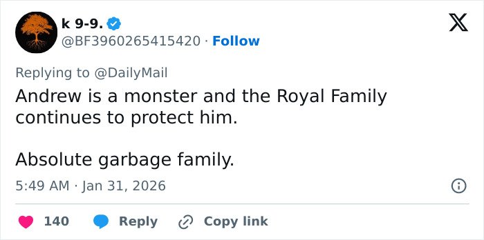 Tweet criticizing Prince Andrew and the Royal Family amid new disturbing images and emails related to Epstein controversy.