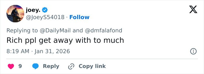 Screenshot of a social media reply criticizing the rich in a discussion related to Prince Andrew and Epstein emails outrage.
