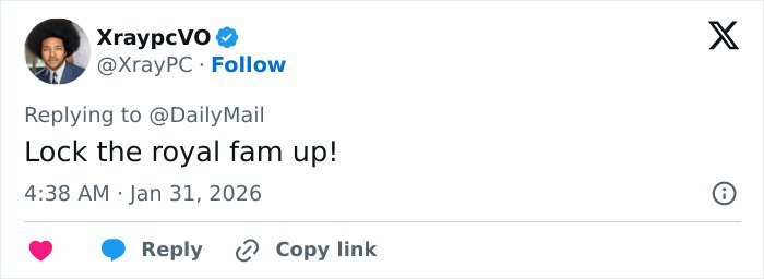 Tweet from user XraypcVO calling to lock up the royal family amid new disturbing images of Prince Andrew and Epstein emails.
