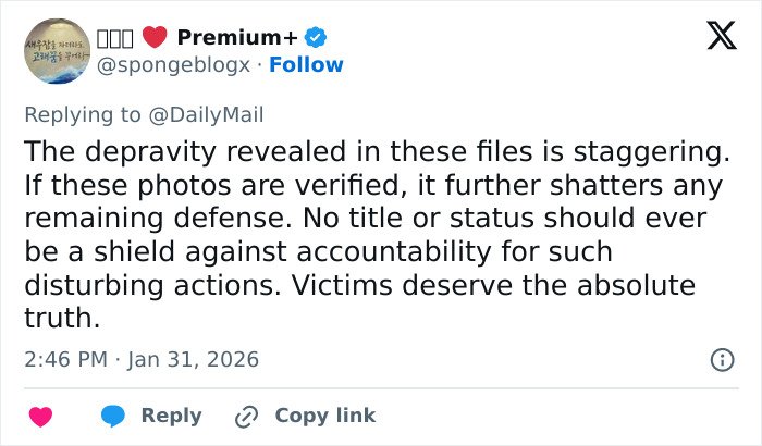 Tweet expressing outrage over new disturbing images of Prince Andrew and emails involving Epstein reveals shocking depravity.