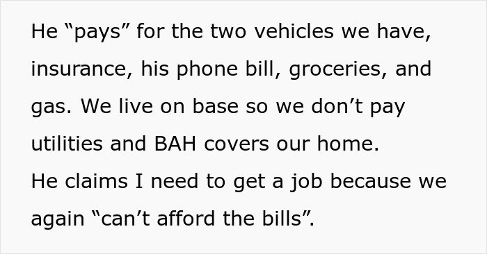 Text about husband blaming SAHM wife for financial problems, telling her to get a job, leading to divorce decision.