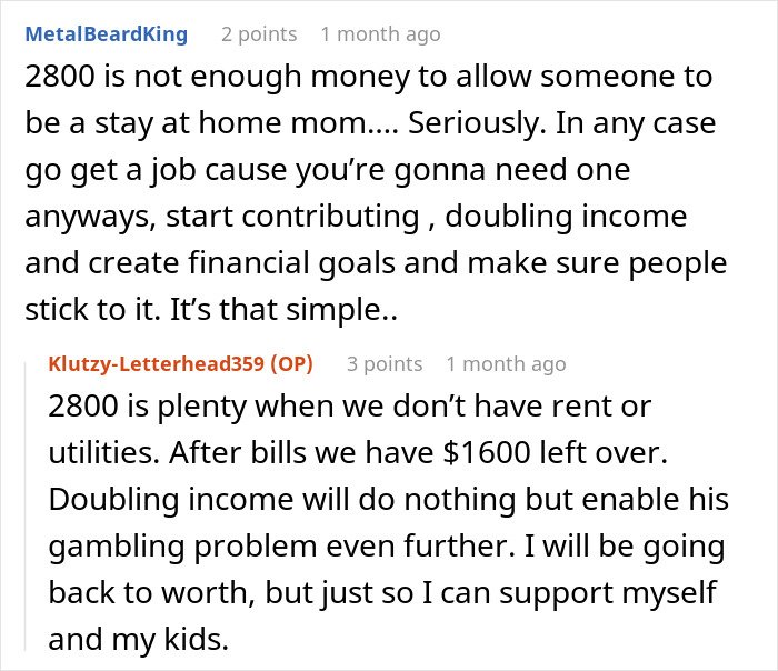 Online debate about husband blaming SAHM wife for financial problems and telling her to get a job, leading to divorce discussion.
