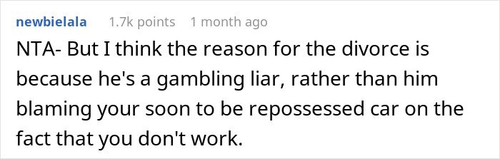 Comment highlighting financial blame on SAHM wife and the resulting divorce due to husband's accusations.