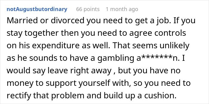 Comment discussing financial problems between a husband and SAHM wife, job advice, and potential divorce outcome.
