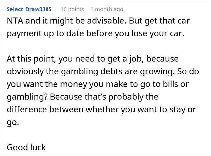 Reddit comment advising to get a job due to growing gambling debts, reflecting husband blaming SAHM wife for finances.