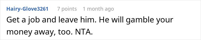 Comment about husband blaming SAHM wife for financial problems and telling her to get a job, resulting in divorce.
