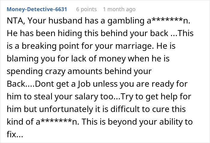 Comment discussing a husband blaming SAHM wife for financial problems and the resulting divorce decision.