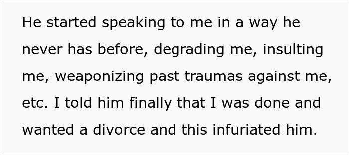 Text describing emotional a***e and divorce after a husband blames SAHM wife for financial problems.