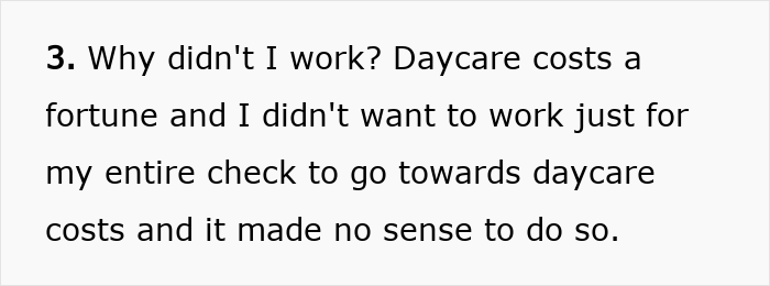 Text excerpt discussing a stay-at-home mom explaining why she didn&rsquo;t work due to high daycare costs and financial concerns.