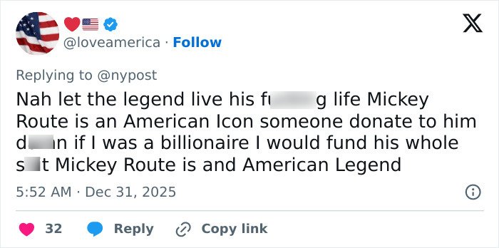 Twitter post showing support for Mickey Rourke amid LA home eviction over unpaid rent controversy.