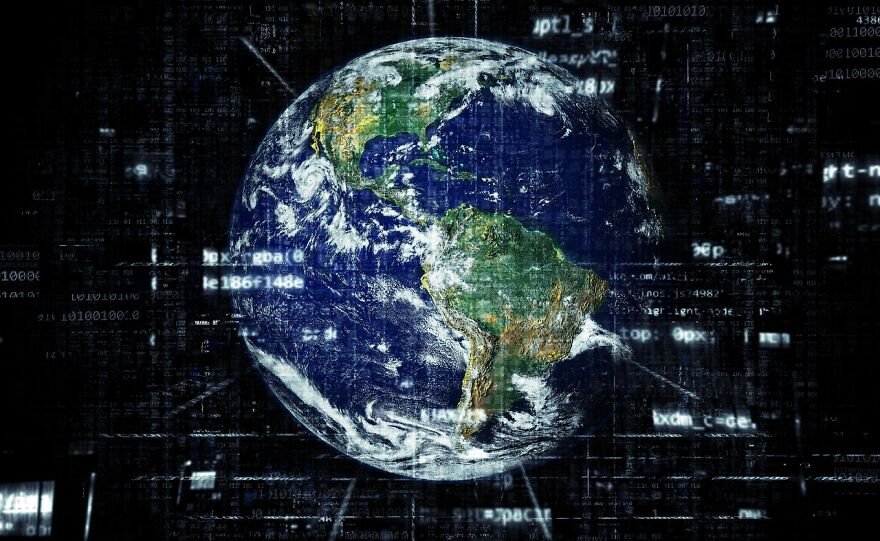 Digital rendering of Earth with data overlay, visualizing concepts of planet value and the cost of the Earth.