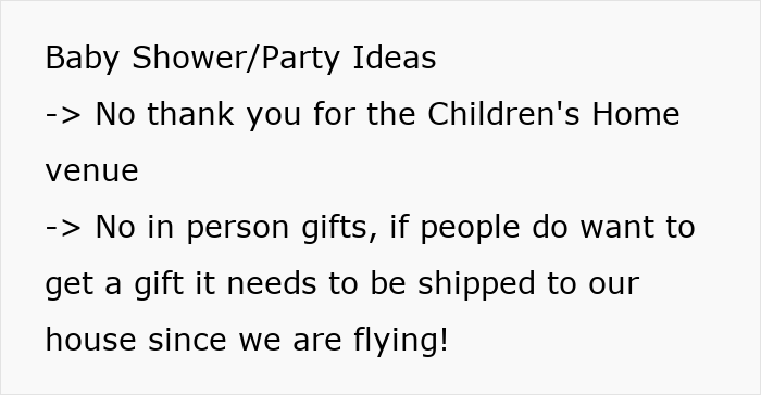 List of baby shower and party ideas specifying no children's home venue and shipping gifts instead of in-person delivery.