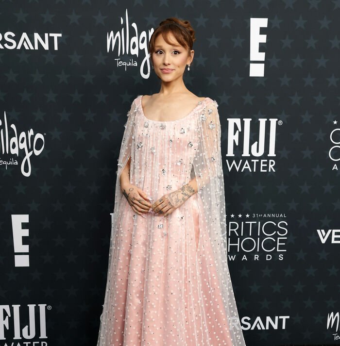 Leighton Meester in a detailed pink gown on the red carpet, linked to Ariana Grande roasted controversy.