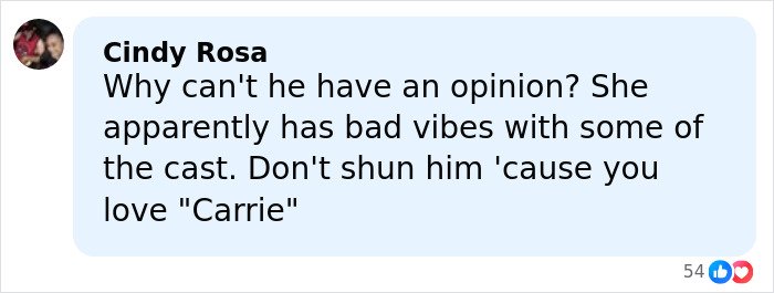 Comment from Cindy Rosa defending Chris Noth after fan backlash over his off the cuff dig at Sarah Jessica Parker.