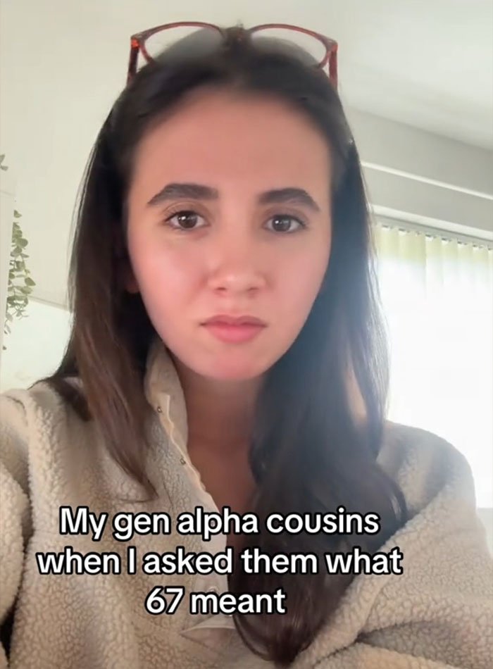 Young woman indoors with text overlay about overused slang words experts say to banish in 2026.