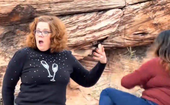 Woman blocking tourist’s shot at Red Rock Canyon in viral First Karen of 2026 incident with rock formations background