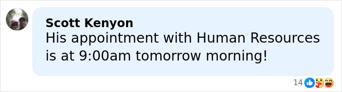 Gay couple social media screenshot: comment bubble from Scott Kenyon about a Human Resources appointment, reaction emojis