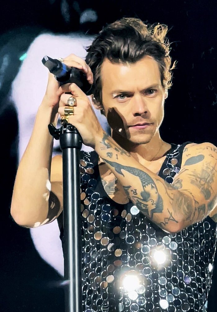 Harry Styles performing live on stage wearing a shiny top, gripping microphone stand during concert tour.