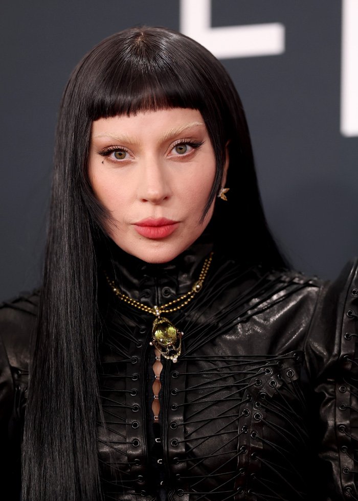 Lady Gaga close-up portrait wearing black outfit with long straight hair, known for bold ICE speech at concert event.