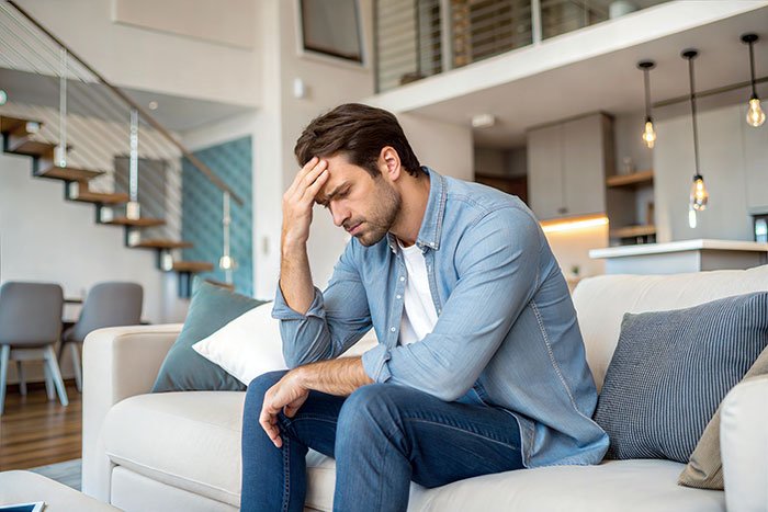 Stressed man on couch holding his head, feeling like his GF's ATM after partner quit job