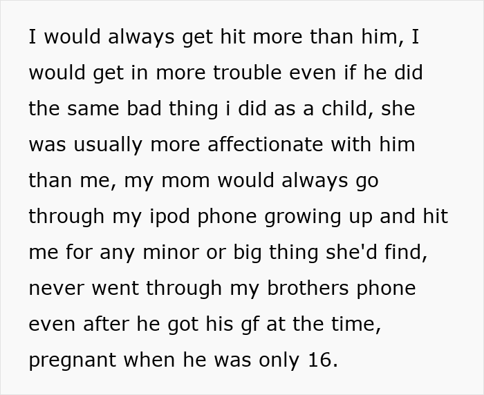 Text about a mom being unfair and more affectionate with son, causing daughter to want a DNA test even more.