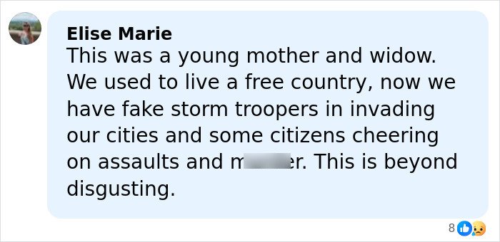 Comment by Elise Marie expressing outrage over the slaying of a mom of a 6-year-old by ICE in Minneapolis.