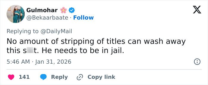 Twitter user Gulmohar demands Prince Andrew face jail amid new disturbing images and emails involving Epstein controversy.
