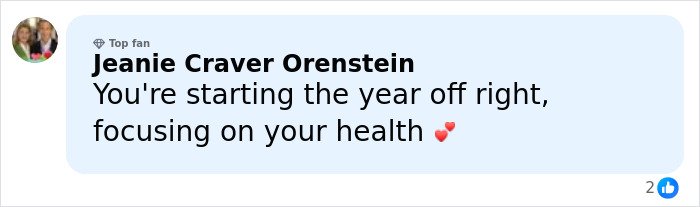 Comment by Jeanie Craver Orenstein encouraging focus on health while referencing Pink’s break after New Year’s Eve in hospital.