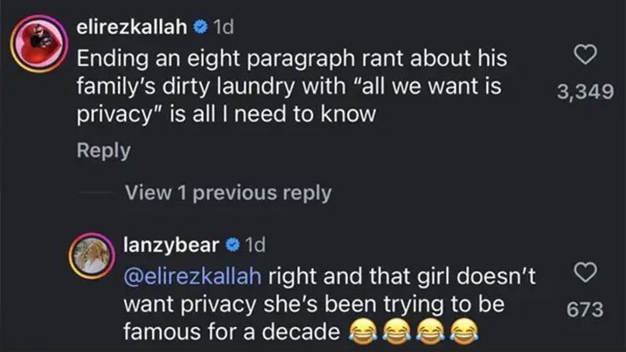 Instagram comments showing a public argument involving the sister of Nicola Peltz's ex after Brooklyn Beckham's rant.