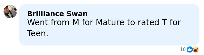 Comment by Brilliance Swan discussing rating change from Mature to Teen in a light blue text box, with reaction icons below.