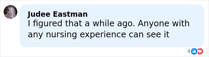 Commenter Judee Eastman responding to health speculation about droopy face with nursing experience insight in a social media post.